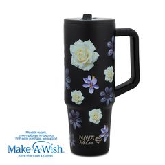 Θερμός tumbler ανοξείδωτο με πλαστικό καλαμάκι "We Care", Black Floral 900ml