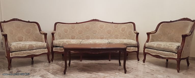 Χειροποίητο σετ σαλονιού Louis Quinze - 3θέσιος καναπές, 2 πολυθρόνες, κεντρικό τραπεζάκι