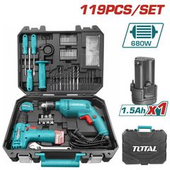 Δράπανος Ηλεκτρικός 680W & Δραπανοκατσάβιδο TOTAL Μπαταρίας Li-ion 12V / 1.5Ah σετ 119 Τεμαχίων ( THKTHP1192 )