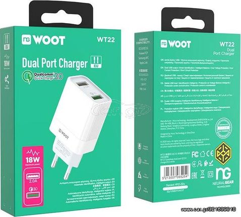 NG Woot Usb Charger QC3.0 18W, 2 Θυρες - (WT22)