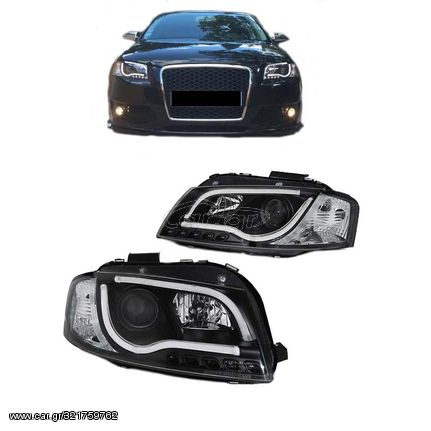 Μπροστινά Φανάρια Set Για Audi A3 8P 03-08 DRL & Led Tube Μαύρα H7/H1 Sonar