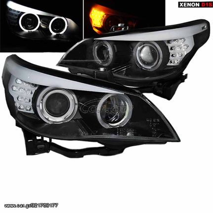 Μπροστινά Φανάρια Set Για Bmw 5 E60 05-08 Angel Eyes & Led Φλας Xenon Έκδοση D1S/H1 Με Μοτέρ Sonar