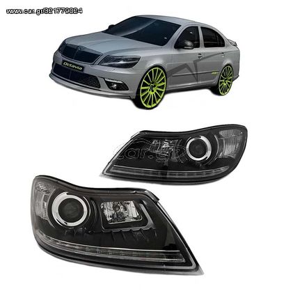 Μπροστινά Φανάρια Set Για Skoda Octavia 1Z 09-12 TRU DRL Μαύρα H7/H1 Με Μοτέρ Sonar