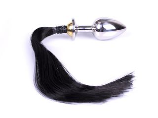 Kiotos Butt Plug with Black Horsetail - Ατσάλινη Πρωκτική Σφήνα με Αλογοουρά