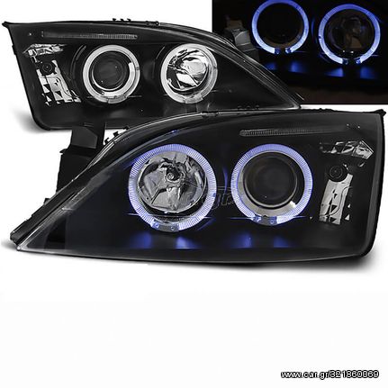 Μπροστινά Φανάρια Set Για Ford Mondeo 00-07 Angel Eyes & Led Μαύρα H1/H1 With Motor JunYan