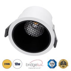 GloboStar® PLUTO-M 60253 Χωνευτό LED Spot Downlight TrimLess Φ8.4cm 10W 1250lm 38° AC 220-240V IP20 Φ8.4 x Υ5.9cm - Στρόγγυλο - Λευκό με Μαύρο Κάτοπτρο & Anti-Glare HoneyComb - Θερμό Λευκό 2700K - Bri