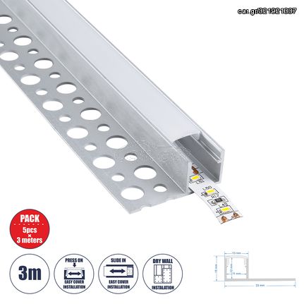 GloboStar® PLASTERBOARD-PROFILE 70834-3M Προφίλ Αλουμινίου - Βάση & Ψύκτρα Ταινίας LED με Λευκό Γαλακτερό Κάλυμμα - Χωνευτή Τερματική Χρήση σε Τελείωμα Γυψοσανίδας ή σε Πλακάκι - Trimless - Πατητό Κάλ