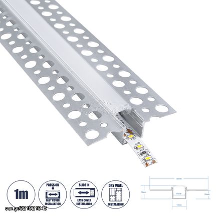 GloboStar® PLASTERBOARD-PROFILE 70838-1M Προφίλ Αλουμινίου - Βάση & Ψύκτρα Ταινίας LED με Λευκό Γαλακτερό Κάλυμμα - Χωνευτή Χρήση σε Γυψοσανίδα - Trimless - Πατητό Κάλυμμα - Ασημί - 1 Μέτρο - Μ100 x Π