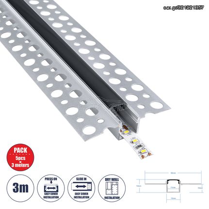 GloboStar® PLASTERBOARD-PROFILE 70839-3M Προφίλ Αλουμινίου - Βάση & Ψύκτρα Ταινίας LED με Μαύρο Φιμέ Κάλυμμα - Χωνευτή Χρήση σε Γυψοσανίδα - Trimless - Πατητό Κάλυμμα - Ασημί - 3 Μέτρα - Πακέτο 5 Τεμα