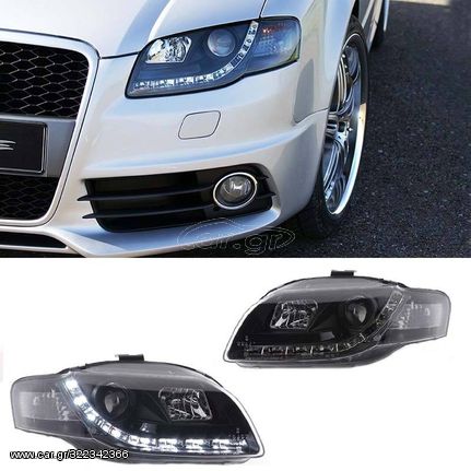 Μπροστινά Φανάρια Set Για Audi A4 B7 04-08 DRL Μαύρα H1/H1 Με Μοτέρ Sonar