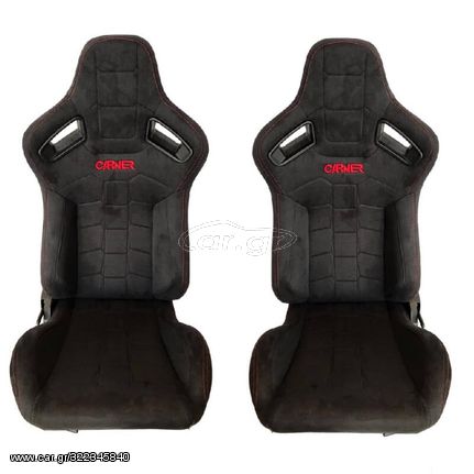 Καθίσματα Bucket R8 Suede Alcantara Μαύρο Με Κόκκινες Ραφές Και Carner Logo Ζευγάρι 2 Τεμαχίων