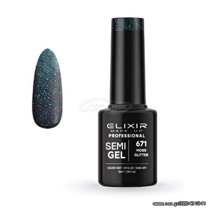 Elixir Professional Semi Gel Ημιμόνιμο Βερνίκι Νυχιών 671 Moss Glitter Έντονο Πράσινο Γκλίτερ 5ml