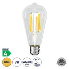 GloboStar® 99090 Λάμπα LED Long Filament E27 ST64 Αχλάδι 7W 1470lm 360° AC 220-240V IP20 Φ6.4 x Υ14.5cm Θερμό Λευκό 2700K με Διάφανο Γυαλί - Pro Series 210lm/W - A Ενεργειακή Κλάση - 3 Χρόνια Εγγύηση