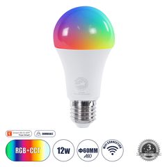 GloboStar® 60490 Έξυπνη Λάμπα LED E27 A60 Γλόμπος Smart Home Wifi 12W 1200lm 260° AC 220-240V IP20 Φ6 x Υ12cm RGB+CCT - Εναλλαγή Φωτισμού & Dimming μέσω Εφαρμογής Tuya - Bridgelux Chip - 3 Χρόνια Εγγύ