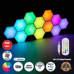 GloboStar® DIGIOCTA 90449 Σετ 12 Ψηφιακων LED RGB Φωτιστικών Κυψελών με Ψηφιακό Controller με WiFi Smart APP & Ασύρματο Χειριστήριο RF 2.4Ghz - LED SMD 5050 18W/Σετ 168PIXEL/Σετ 1440lm/Σετ 120° DC 5V