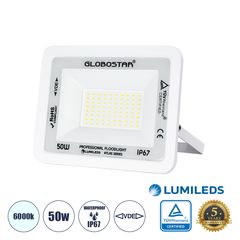 GloboStar® ATLAS 61419 Επαγγελματικός Προβολέας LED 50W 6250lm 120° AC 220-240V - Αδιάβροχος IP67 - Μ21 x Π3.5 x Υ16cm - Λευκό - Ψυχρό Λευκό 6000K - LUMILEDS Chips - TÜV Rheinland Certified - 5 Years