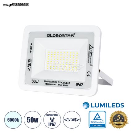 GloboStar® ATLAS 61419 Επαγγελματικός Προβολέας LED 50W 6250lm 120° AC 220-240V - Αδιάβροχος IP67 - Μ21 x Π3.5 x Υ16cm - Λευκό - Ψυχρό Λευκό 6000K - LUMILEDS Chips - TÜV Rheinland Certified - 5 Years