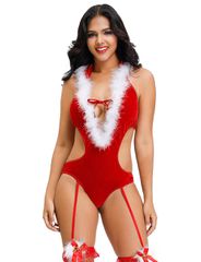 Deep V-neck Backless Red Color Christmas Romper Costume