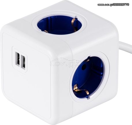 GloboStar Travel Powercube Pro Certified Πολύπριζο 6 Θέσεων με 1.5m Kαλώδιο - 4 Πρίζες Ασφαλείας Childproof Eu Schuko Ac 220-240V & 2 Πρίζες Usb Max 2.1A/Dc 5V Μ7.5 x Π7.5 x Υ7.5 - Λευκό με Μπλε - Max