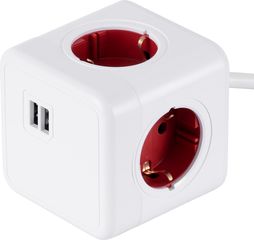 GloboStar Travel Powercube Pro Certified Πολύπριζο 6 Θέσεων με 1.5m Kαλώδιο - 4 Πρίζες Ασφαλείας Childproof Eu Schuko Ac 220-240V & 2 Πρίζες Usb Max 2.1A/Dc 5V Μ7.5 x Π7.5 x Υ7.5 - Λευκό με Κόκκινο -