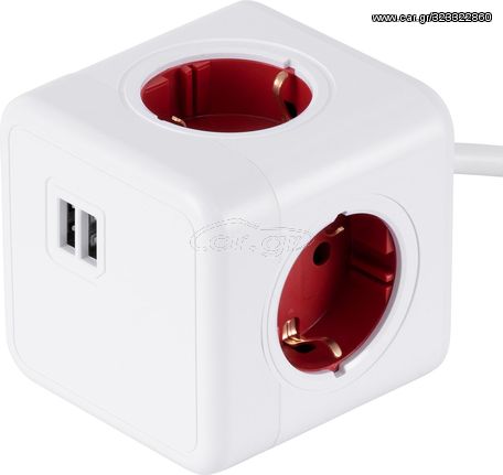 GloboStar Travel Powercube Pro Certified Πολύπριζο 6 Θέσεων με 1.5m Kαλώδιο - 4 Πρίζες Ασφαλείας Childproof Eu Schuko Ac 220-240V & 2 Πρίζες Usb Max 2.1A/Dc 5V Μ7.5 x Π7.5 x Υ7.5 - Λευκό με Κόκκινο -