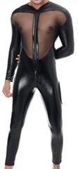 Men Transparent Faux Leather Spliced With Mesh Jampsuit