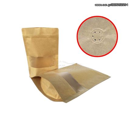 Σακουλάκι Doy Pack Με Βαλβίδα 13x22,5cm - Kraft με Παράθυρο - Σετ 100τμχ