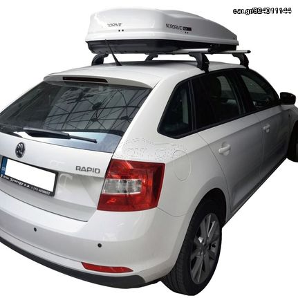 KIT ΜΕ ΜΠΑΡΕΣ ΟΡΟΦΗΣ ΓΙΑ SKODA RAPID SPACEBACK 5D 2013> ΑΛΟΥΜΙΝΙΟΥ & ΜΠΑΓΚΑΖΙΕΡΑ BOX 430 LT (ΛΕΥΚΗ-ΑΣΠΡΗ/ΓΥΑΛΙΣΤΕΡΗ) NORDRIVE