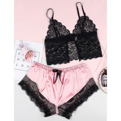 Satin Lace Cami and Short Candy Pink-thumb-3