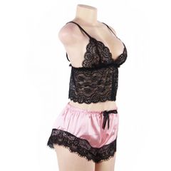 Satin Lace Cami and Short Candy Pink-thumb-2