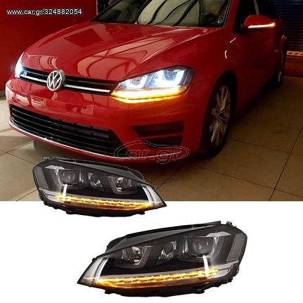 Full led Μπροστινά Φανάρια Set Για Vw Golf VII (7) 12-17 U-Type DRL & Led Φλας Dynamic GTI R-Line Look Μαύρα H7/H7 Με Μοτέρ	