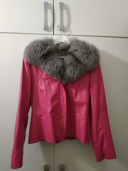 Δερμάτινο μπουφάν φούξια με προσθαφαιρούμενο γούνινο γιακά
