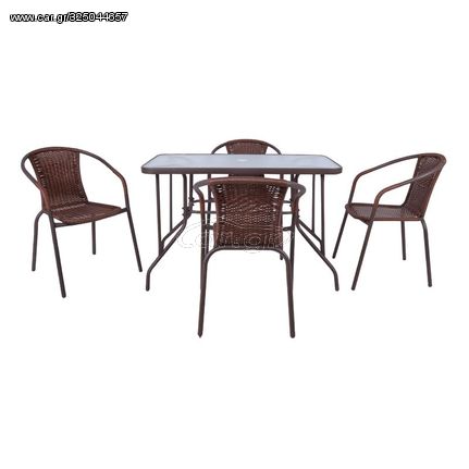 BALENO Set Τραπεζαρία Κήπου: Τραπέζι + 4 Πολυθρόνες Μέταλλο Καφέ - Wicker Brown Ε240,3 από Μέταλλο/Wicker  Table:110x60x71 Seat:53x58x77  1τμχ