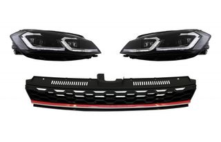 ΦΑΝΑΡΙΑ ΕΜΠΡΟΣ & ΜΑΣΚΑ Central Badgeless Grille with RHD LED Headlights Sequential Dynamic Turning Lights suitable for VW Golf 7.5 VII Facelift (2017-up) GTI Design Red And Chrome