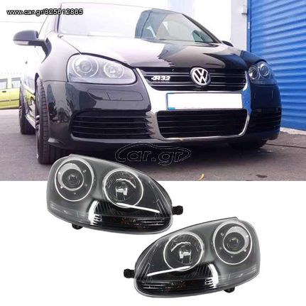 Μπροστινά Φανάρια Set Για Vw Golf V (5) 03-08 Projectors GTI / R32 Look Μαύρα H7/H7 Με Μοτέρ & E-Mark 