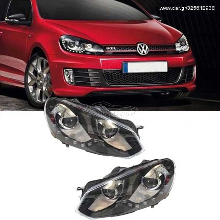 Μπροστινά Φανάρια Set Για Vw Golf VI (6) 08-12 DRL GTI /R20 Look Μαύρα H7/H7 Με Μοτέρ 