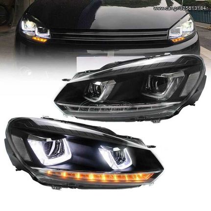 Μπροστινά Φανάρια Set Για Vw Golf VΙ (6) 08-12 DRL U-Type & Dynamic Φλας Μαύρα H7/H7 Με Μοτέρ VLand 