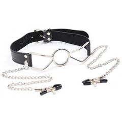 Small open mouth gag metal O-Ring Ø 3 cm with Nipple clamps