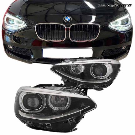 Μπροστινά Φανάρια Set Για Bmw 1 F20 / F21 11-14 LED Angel Eyes Μαύρα H7 Με Μοτέρ Depo