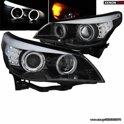 Μπροστινά Φανάρια Set Για Bmw 5 E60 05-08 Angel Eyes & Led Φλας Xenon Έκδοση D1S/H1 Με Μοτέρ Sonar 