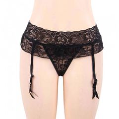 Plus Size Black Lace Garter with Crotchless String-thumb-2