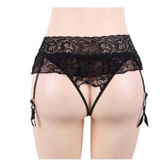 Plus Size Black Lace Garter with Crotchless String-thumb-3