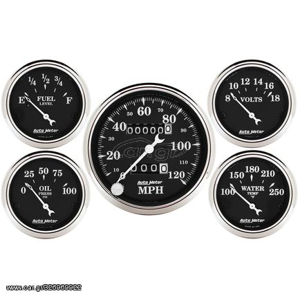 Autometer Gauge Kit, 5 Pc., 3 1/8" & 2 1/16", Mech. Speedometer, Old Tyme Black