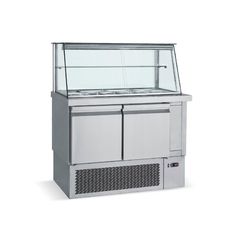 Ψυγείο πάγκος  με βιτρίνα σαλατών για 9 GN 1/4, με 2 πόρτες και μηχάνημα κάτω, Διαστάσεις : 110x70x130cm