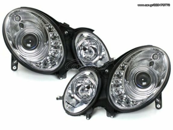 ΦΑΝΑΡΙΑ ΕΜΠΡΟΣ Headlights Mercedes W211 chome DRAGON LIGHTS / LED position / DRL look  02-06