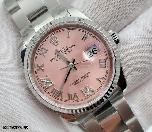 rolex replica γυναικειo datejust diamonds ροζ καντράν ατσάλι 36μμ