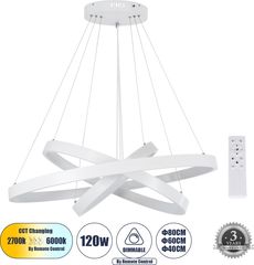 GloboStar Nemesis Trio Κρεμαστό Φωτιστικό Δαχτυλίδι Led Cct 120W 14723lm 360° Ac 220-240V - Εναλλαγή Φωτισμού μέσω Τηλεχειριστηρίου AIO Ψυχρό 6000k+Φυσικό 4500k+Θερμό 2700k Dimmable Φ40+60+80cm - Λευκ