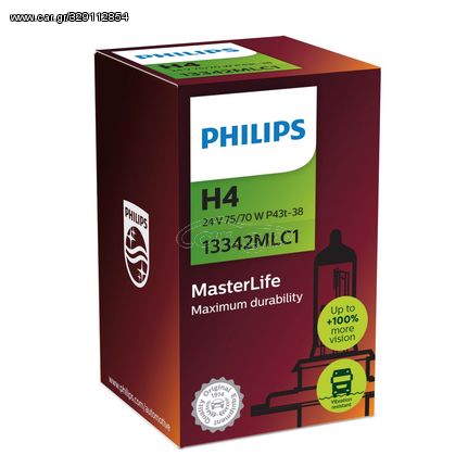 PHILIPS H4 24V 75/70W P43t-38 MasterLife μέγιστη αντοχή + 4x διάρκεια ζωής 1τμχ 13342MLC1