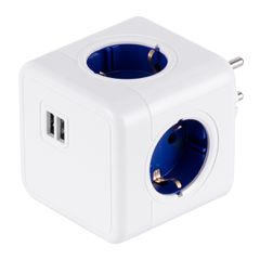 GloboStar® TRAVEL PowerCube PRO Certified 79638 Πολύπριζο 6 Θέσεων με 4 Πρίζες Ασφαλείας Childproof EU Schuko AC 220-240V & 2 Πρίζες USB Max 2.1A/DC 5V Μ7.5 x Π11.5 x Υ7.5 - Λευκό με Μπλε - Max Load 3