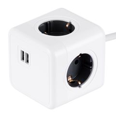 GloboStar® TRAVEL PowerCube PRO Certified 79639 Πολύπριζο 6 Θέσεων με 1.5m Kαλώδιο - 4 Πρίζες Ασφαλείας Childproof EU Schuko AC 220-240V & 2 Πρίζες USB Max 2.1A/DC 5V Μ7.5 x Π7.5 x Υ7.5 - Λευκό με Γκρ